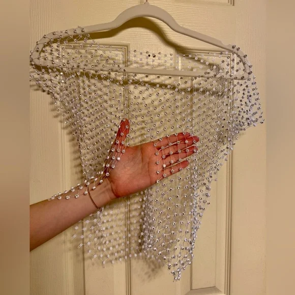 Mesh Rhinestone Sheer See Through Crop Top/Bikini Cover Up - Picture 4 of 5